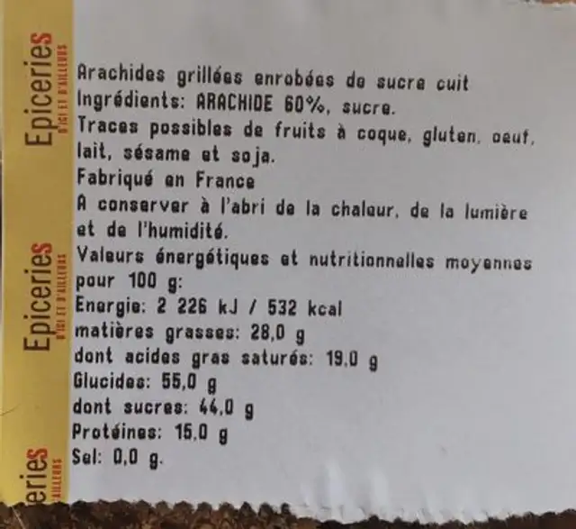 Arachides grillées enrobées de sucre cuit nutrition facts table