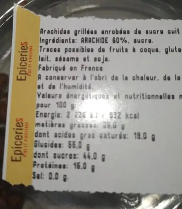 Arachides grillées enrobées de sucre cuit nutrition facts table