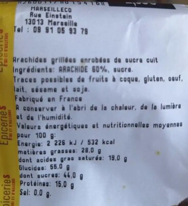Arachides grillées enrobées de sucre nutrition facts table
