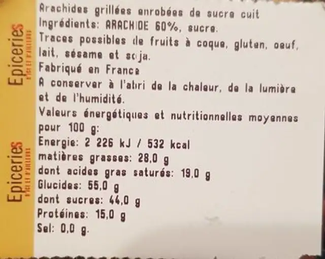 Arachides grillées enrobées de sucre nutrition facts table