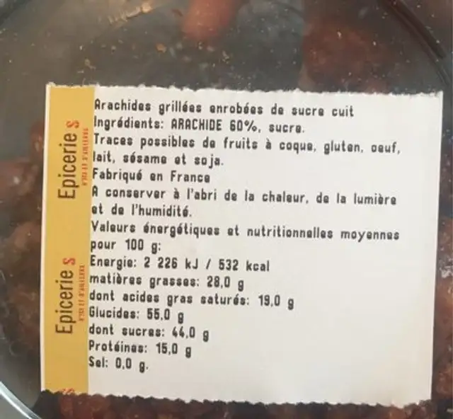 Arachides grillees enrobees de sucre cuit ingredients label
