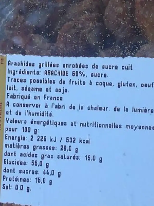 Pralines ingredients label