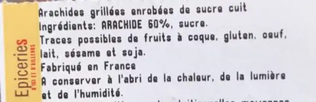 Arachides grillées enrobées de sucre cuit ingredients label