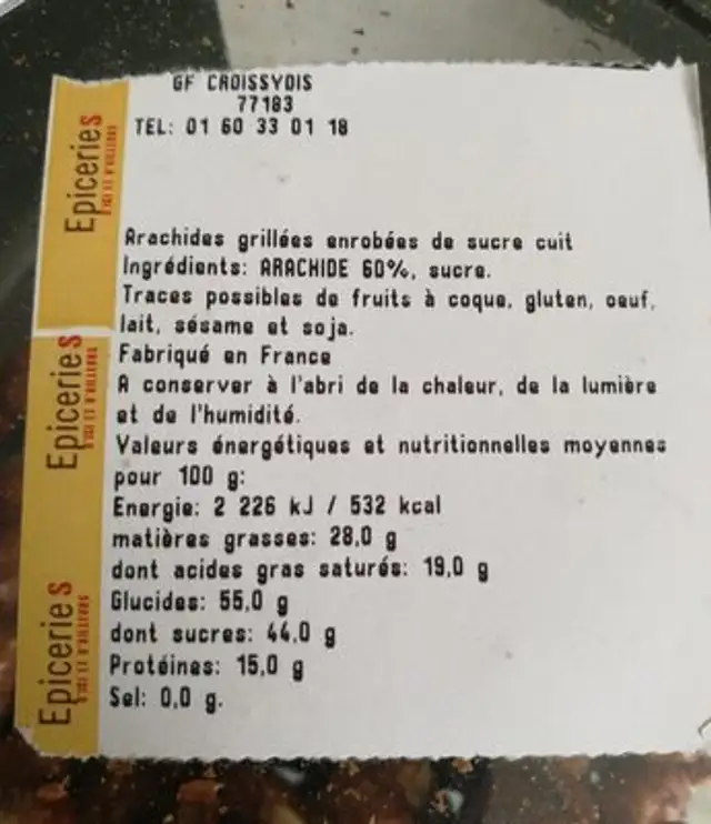 Arachide grillés enrobés de sucre cuit ingredients label