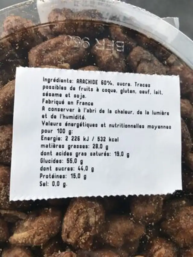 Arachides grillees enrobees de sucre cuit ingredients label