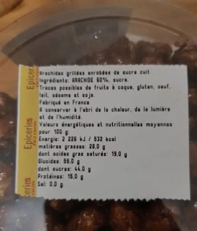 Arachides grillées enrobée de sucre cuit ingredients label