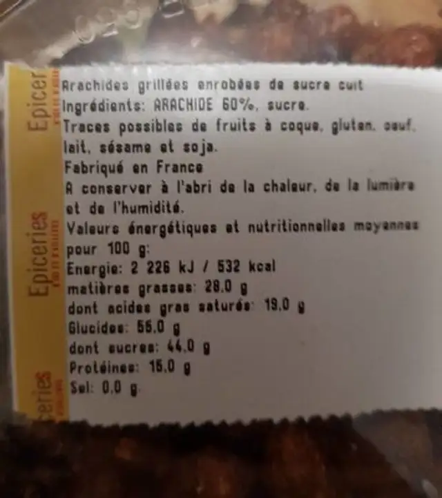 Arachides grillées enrobée de sucre cuit nutrition facts table