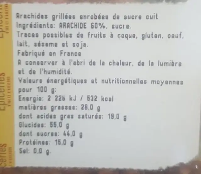Arachides grillées enrobé de sucre cuit ingredients label