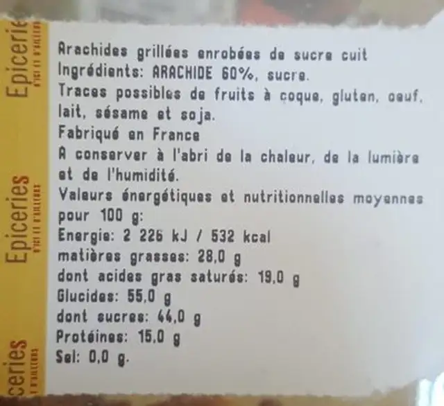 Arachides grillées enrobé de sucre cuit nutrition facts table