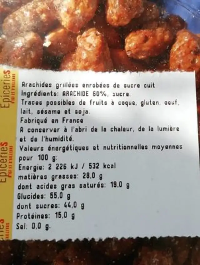 Arachide grillées enrobées sucre ingredients label