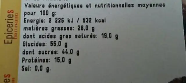Arachides grillées enrobées de sucre cuit nutrition facts table