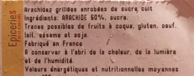 Arachides grillées enrobées de sucre cuit ingredients label