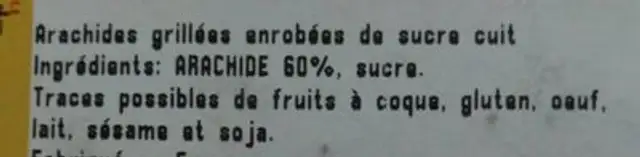 Arachides grillées enrobées de sucre cuit ingredients label