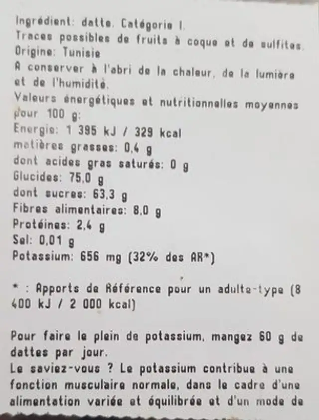 Dattes branchées ingredients label