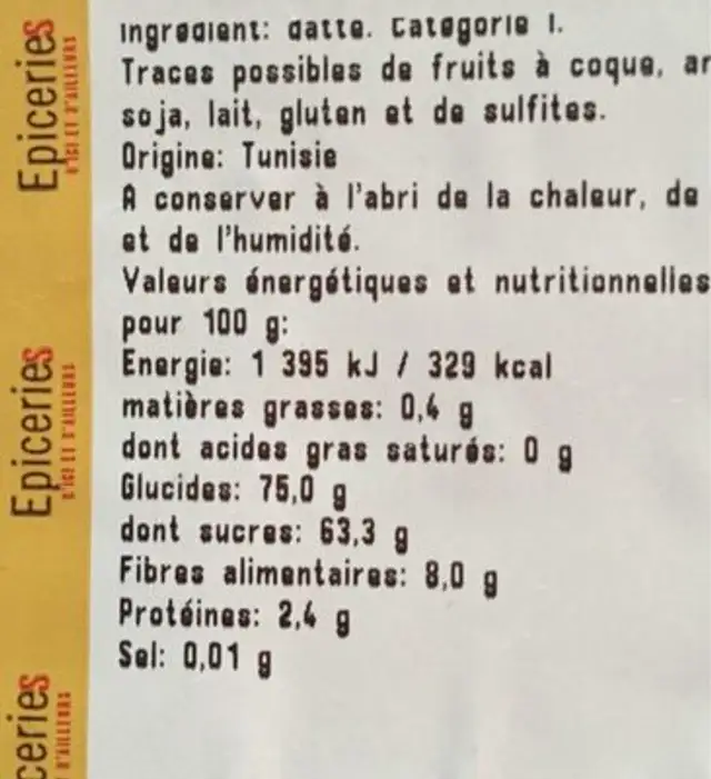 Dattes branchées nutrition facts table