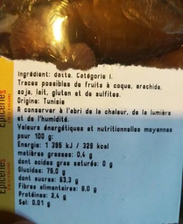 Dates branchées ingredients label