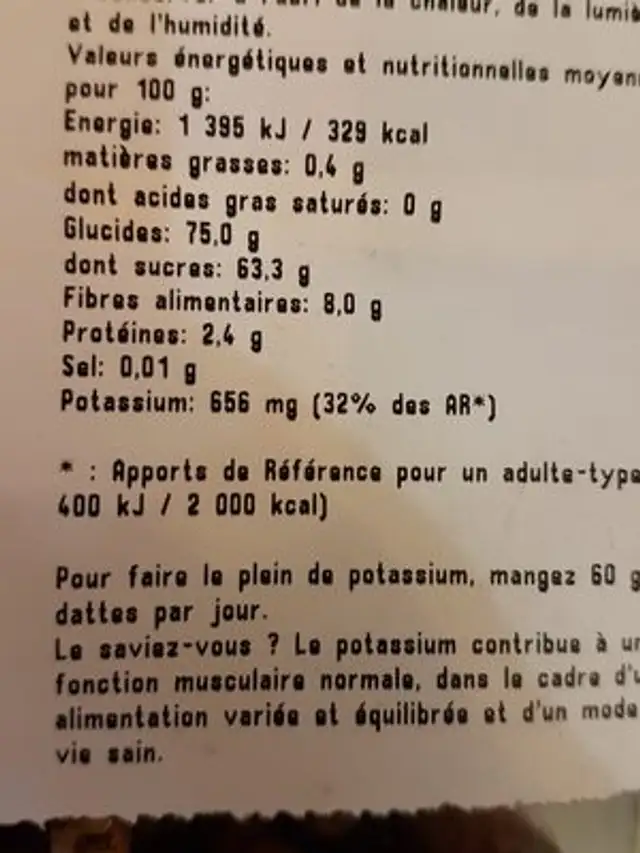 Dattes ingredients label