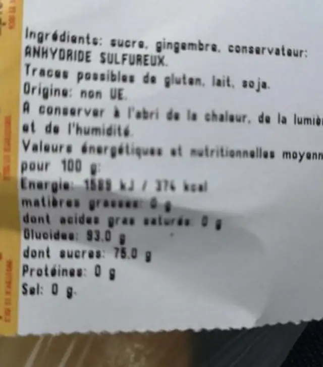 Gingembre tranché ingredients label