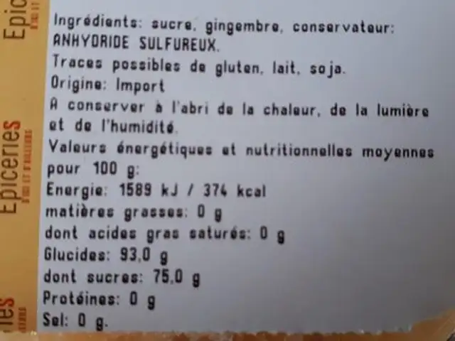 Gingembre tranché ingredients label
