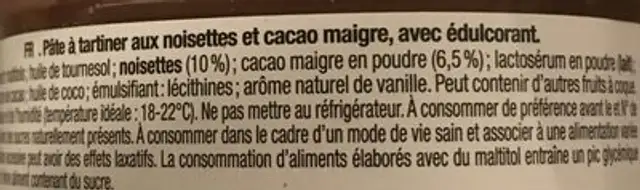 Pâte a tartiner ingredients label