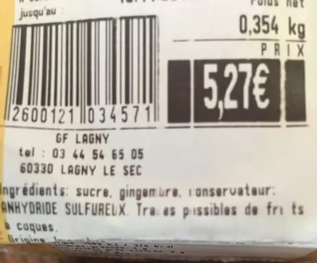 Gingembre confit en tranche ingredients label