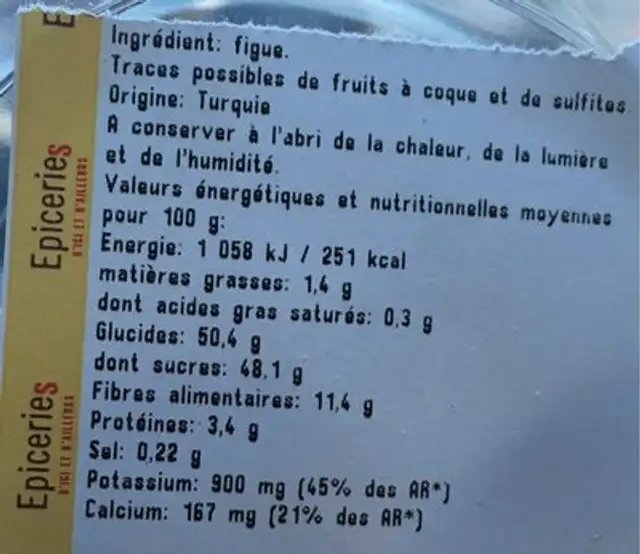 Figue Lerida nutrition facts table