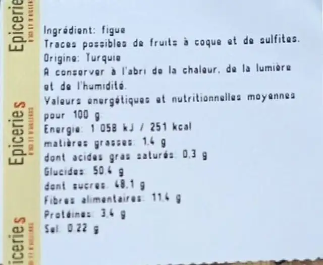 Figues nutrition facts table