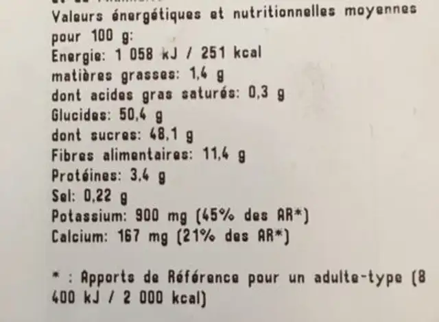 Figue lerida nutrition facts table