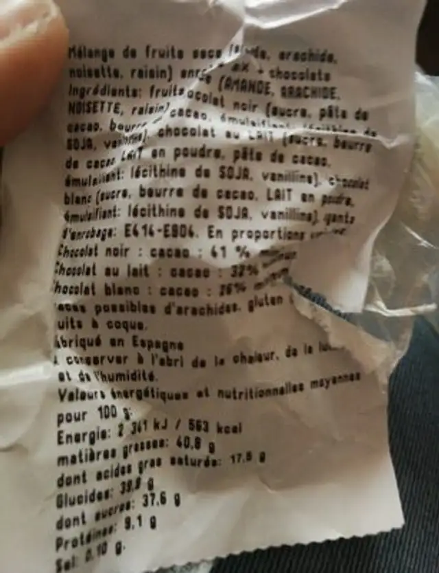 Choco mix ingredients label