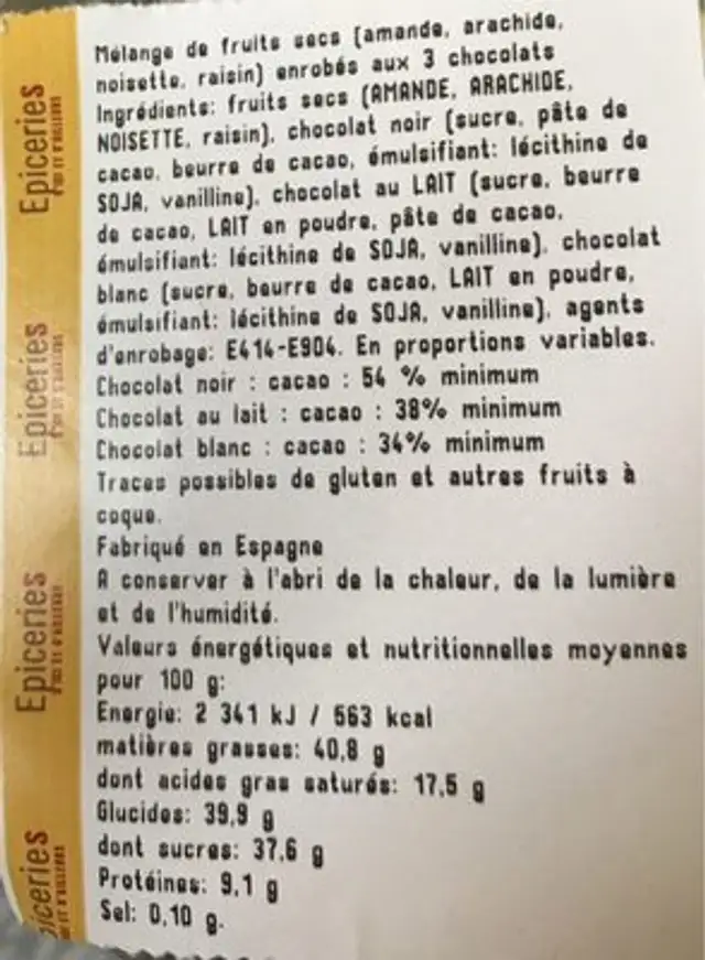 Arachides enrobé de chocolat ingredients label