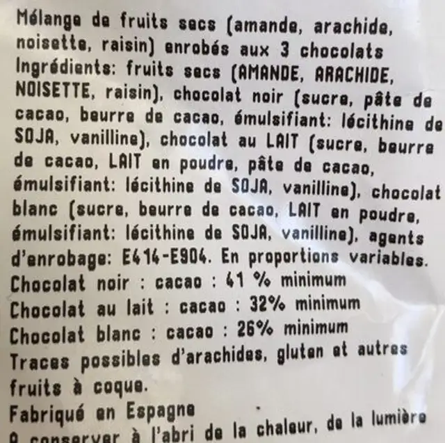 Chocomix ingredients label