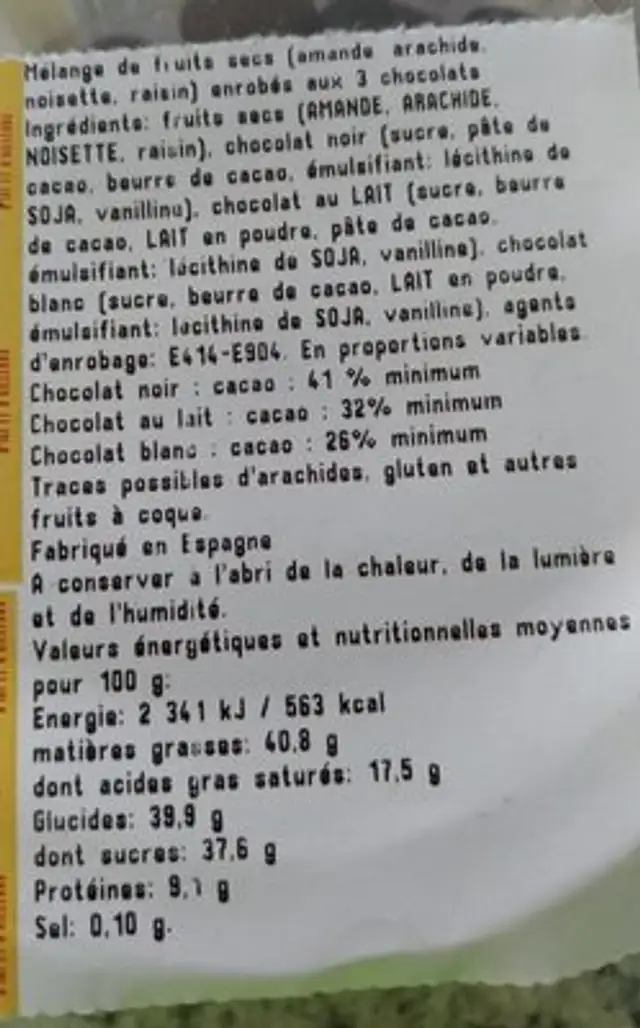 CHOCO MIX ingredients label