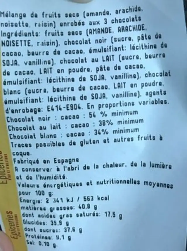 CHOCO MIX ingredients label