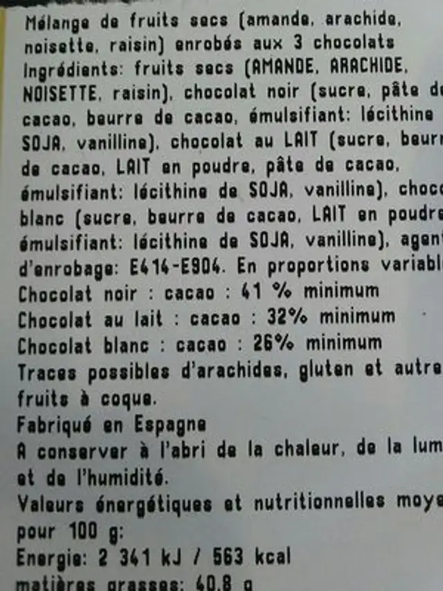 Choco Mix ingredients label