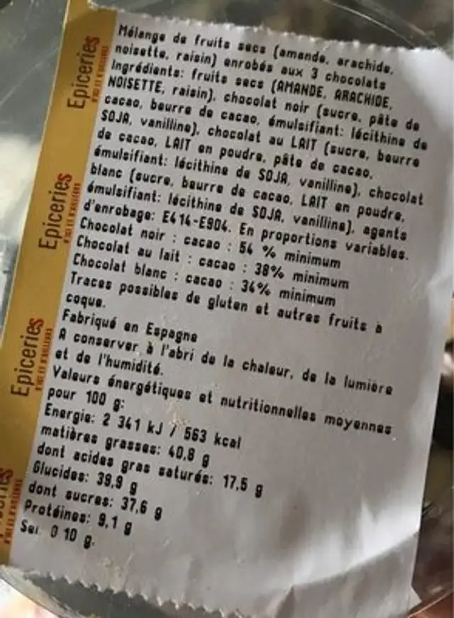 Choco mix ingredients label