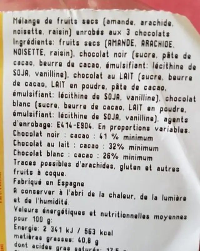 Choco mix ingredients label