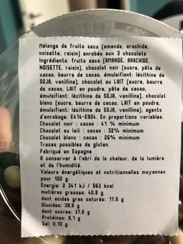 Melange de fruits secs (amandes, arachides, noisette) ingredients label
