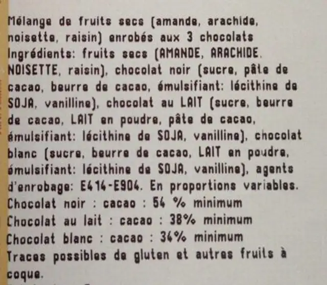 Choco mix ingredients label
