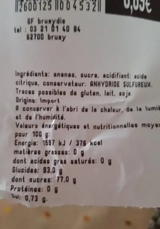 Ananas tranche ingredients label