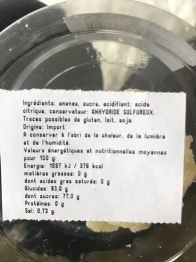 Ananas ingredients label