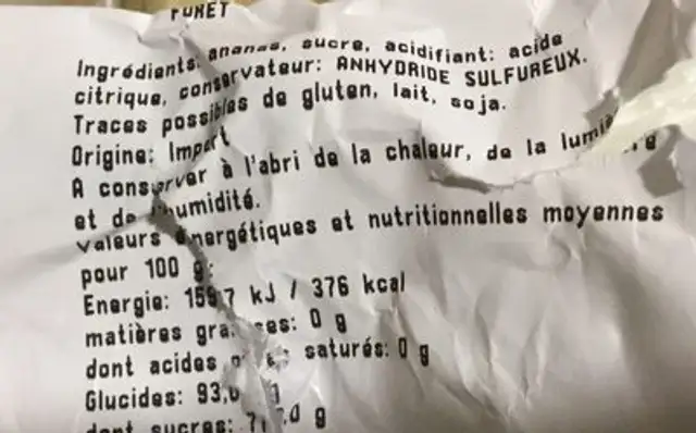 Ananas tranche ingredients label