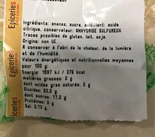 Ananas en tranche sechée ingredients label