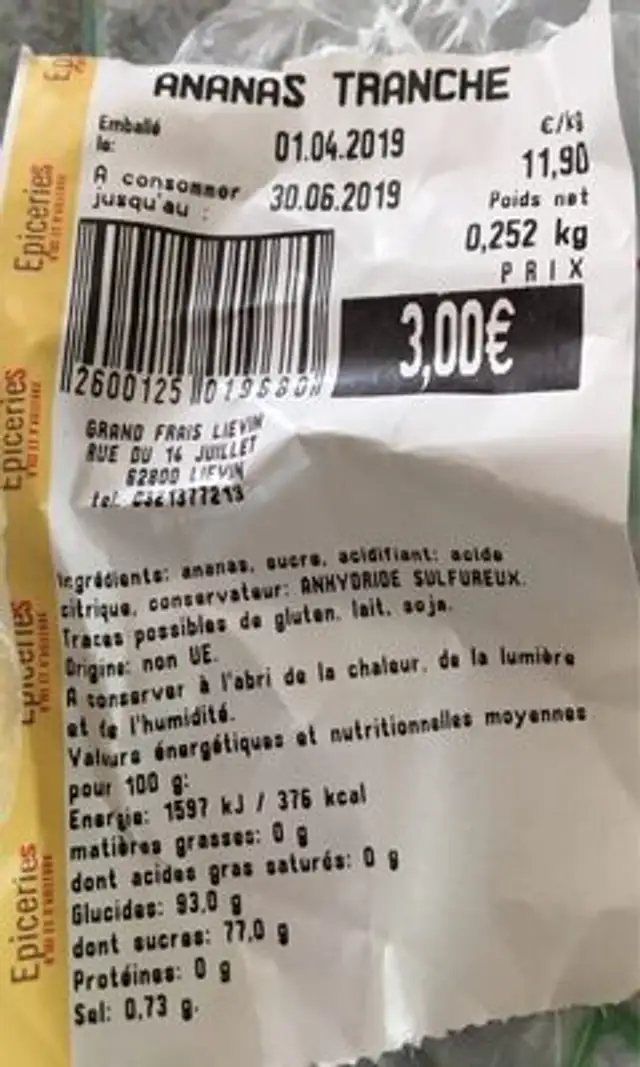 Ananas en tranches ingredients label