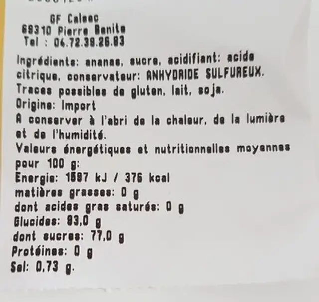 Ananas tranche séchée ingredients label
