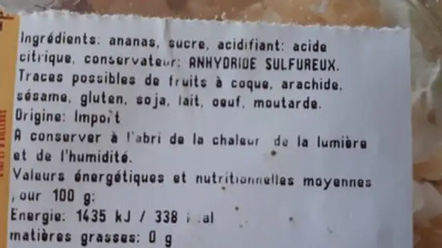 Ananas deshydrate en cube ingredients label