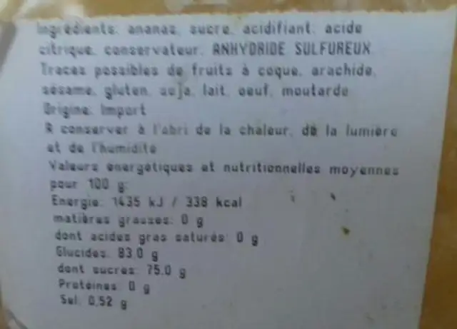 Ananas déshydraté en cube ingredients label