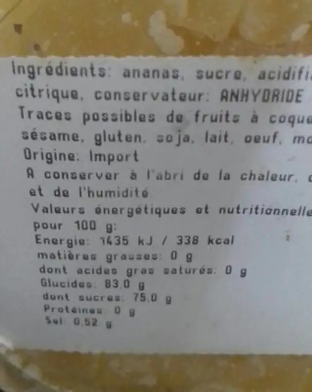 Ananas déshydraté en cube nutrition facts table