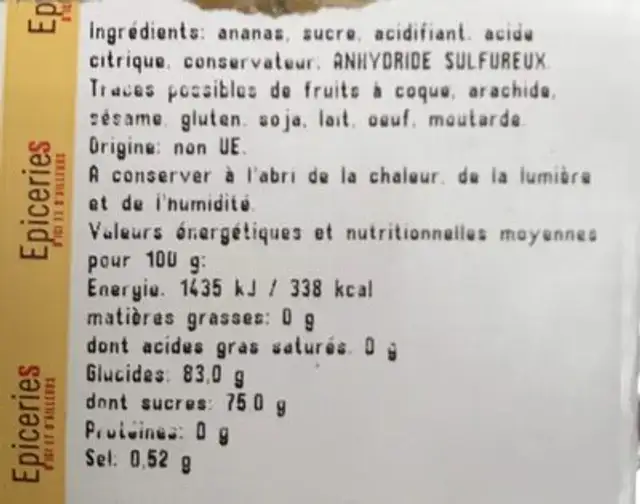Ananas deshydrate en cube ingredients label