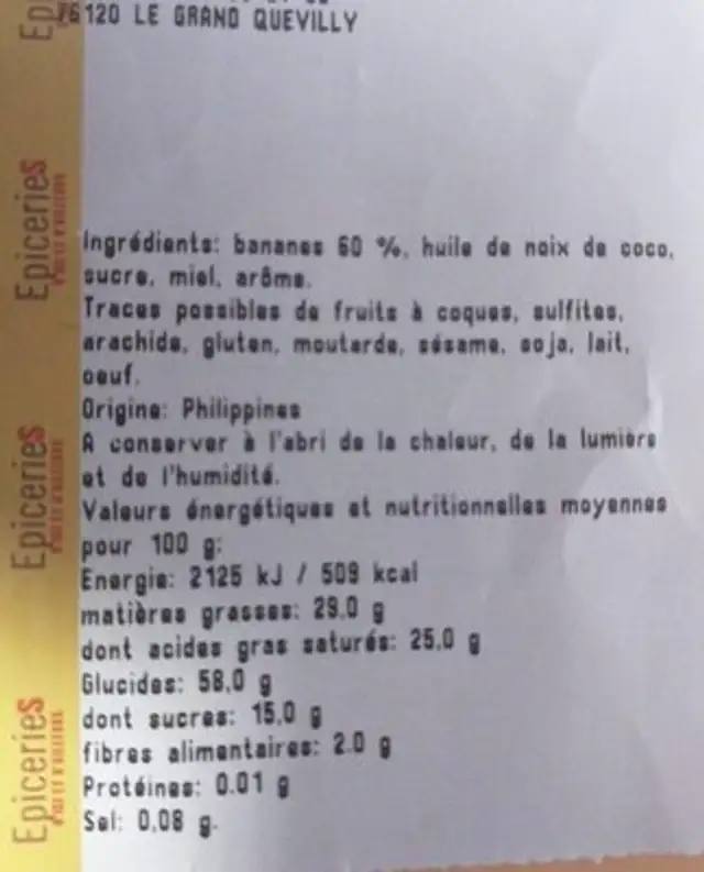 Banane chips nutrition facts table