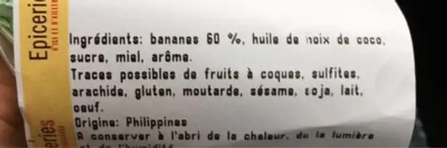 Banane chips ingredients label